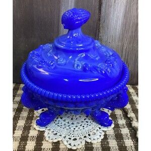 Westmoreland Glass Argonaut Shell Nautilus Covered Candy Dish Blue Slag White